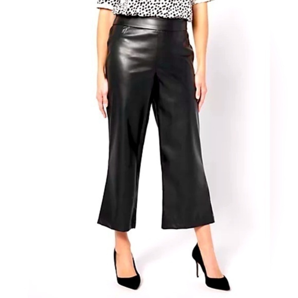 LOGO by Lori Goldstein Regular Black Faux Leather Wide Leg Crop Pant 2